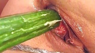 Hot blonde lady from Germany adores vegetables and a hard cock in her muff