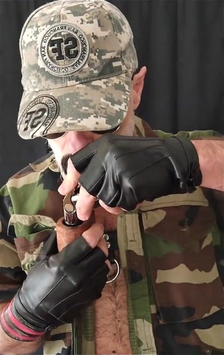 Ex Mil Stepdad in Camo Gear Smokes His Pipe While Nips Are Clamped