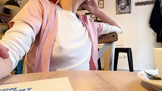 Extremely sexy white sheer blouse exposing my big hard pierced nipples in a coffee shop