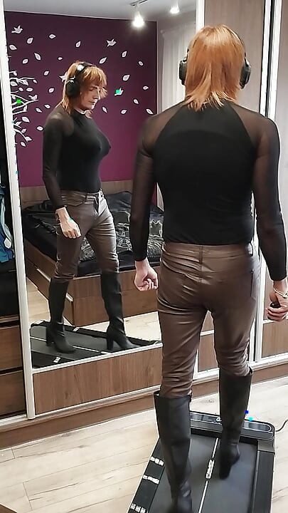 Learning to walk in heels in leather pants