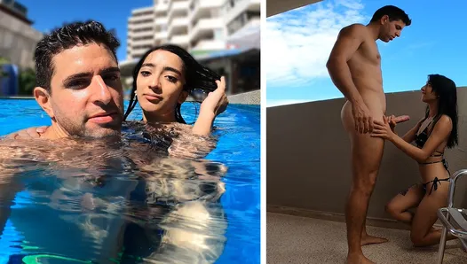 Puta argentina é pega na piscina e fodida em seu quarto de hotel