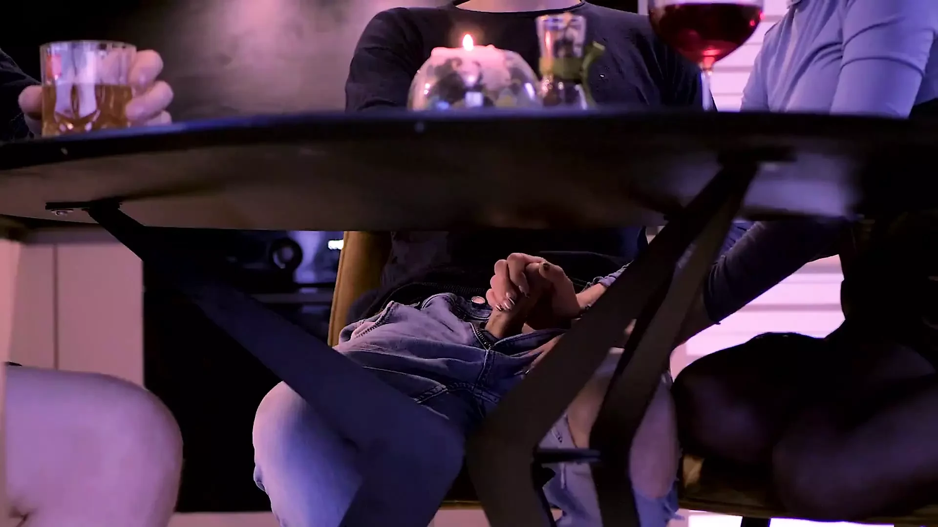 Handjob for Husbands Friend Turns Into Tongue Blowjob While Husband Sits Next to Us