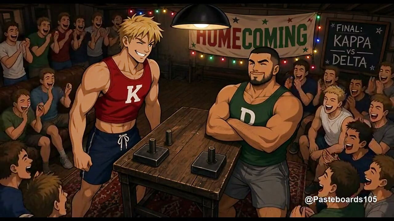 The Bet - Frat Captains Arm-Wrestling Wager, Loser Strapped To The Basement Bench (2D Anime Bara)