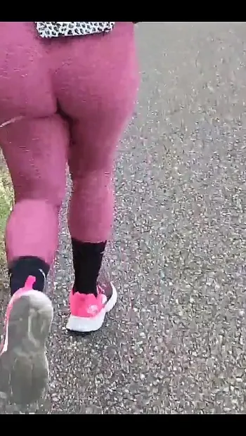 Ebony with Big Ass in Leggings Running Alone in the Forest