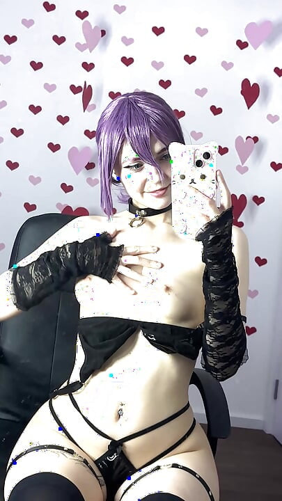 Purple Hair Teen in Latex Lingerie Strips for Her Boyfriend on Chair