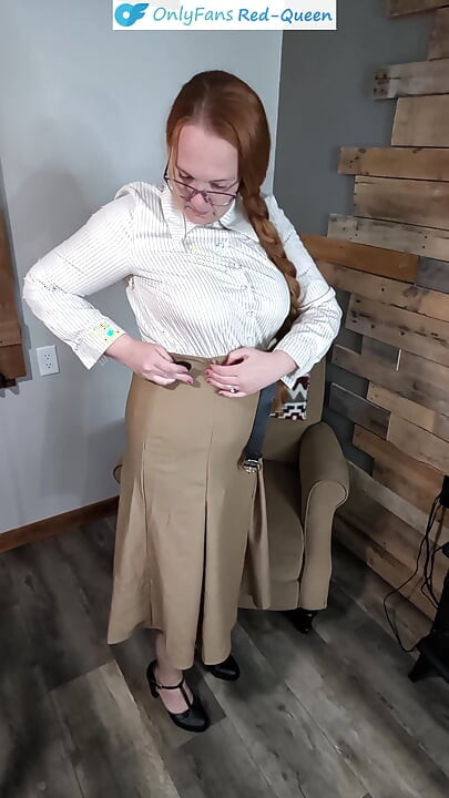 Classy Redhead 50S Secretary or Teacher Outfit Dressing From Girdle and Stockings - Heels, Dress, Blouse, and No Panties