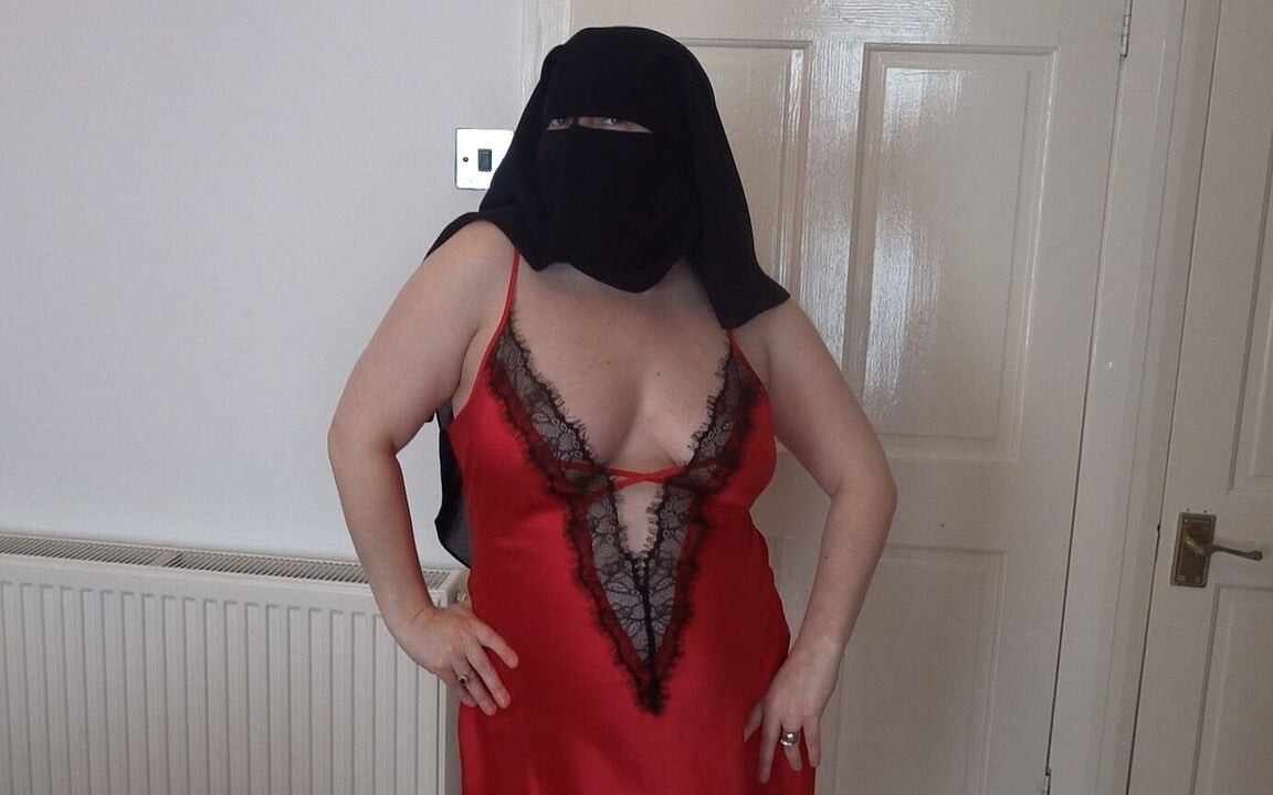 Pale Skin MILF in Niqab and Red Silk Lingerie Dancing Striptease