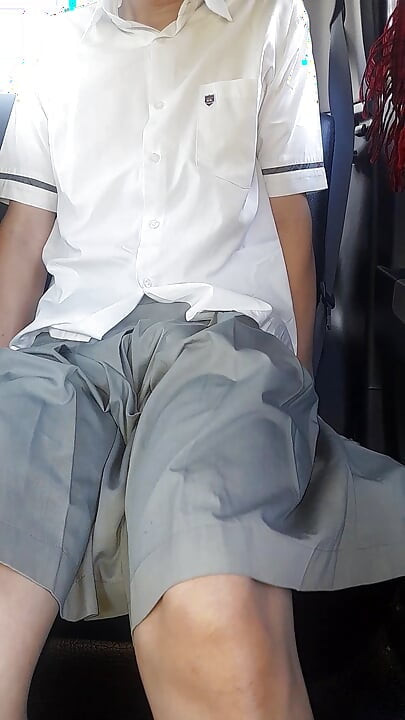 Asian Crossdresser Cum Wearing Grey School Girl Uniform