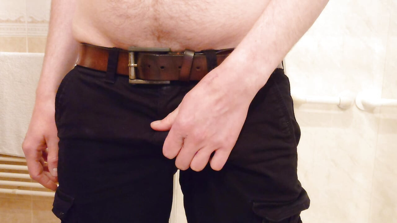 Stripping and beating my big white cock in the bathroom