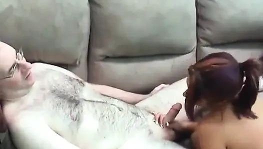 Lusty brunette in pink underwear plays with pussy while sucking dick