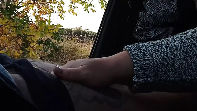 my wife jerks off my dick in the car in nature close up