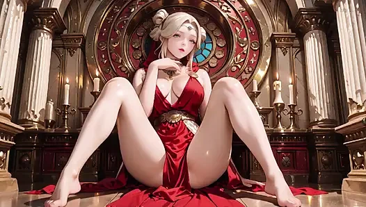 Blonde Goddess in Red! Forbidden Gaze in the Ancient Corridor, Deep V & High Slit teasing you.