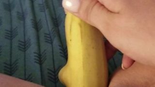 Defiled her cock hole with a banana while her assholes plugg