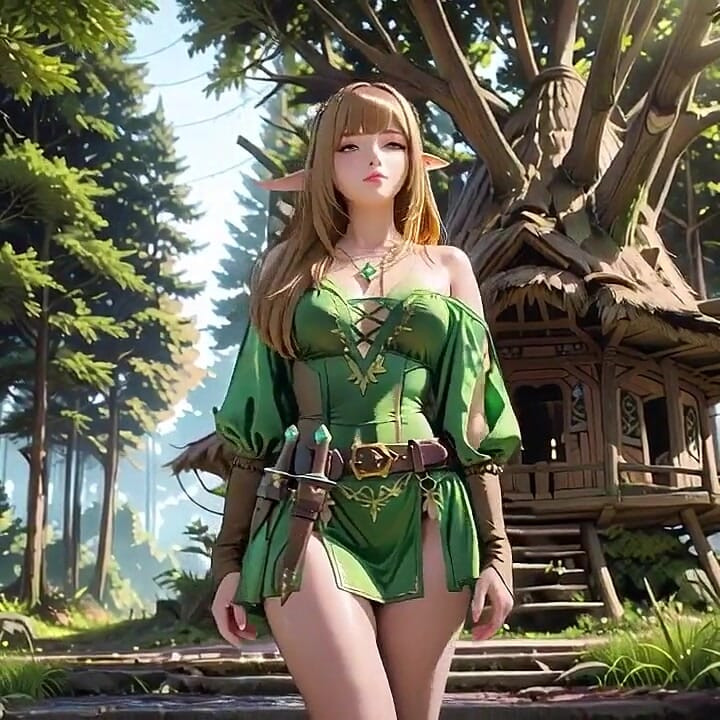 Metsätontun yksityinen fantasia! Vihreä off-shoulder -asu, polvistuva ja kaareva lantio jyrkkää valkoista taustaa vasten.