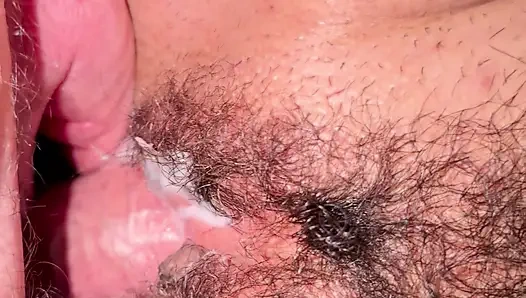 Horny cock rubbing and fucking my big hairy pussy with pissing and cumshot
