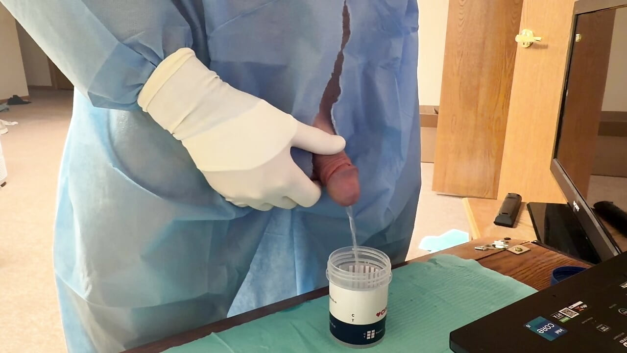Piss Test with Surgical Gloves and Huge Cumshot