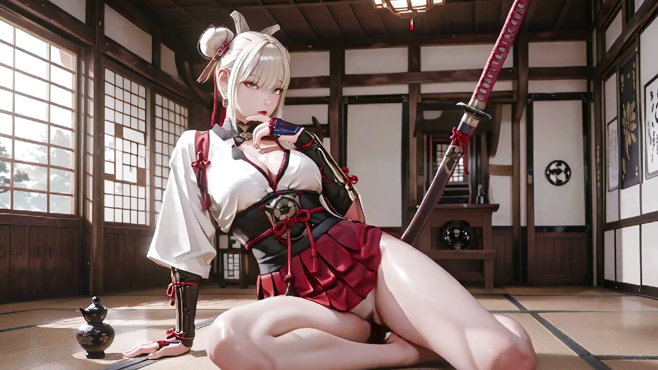 Red & White Kimono Warrior! Kneeling on Tatami with Dual Blades, Silver-Haired Girl's Mesmerizing Gaze.