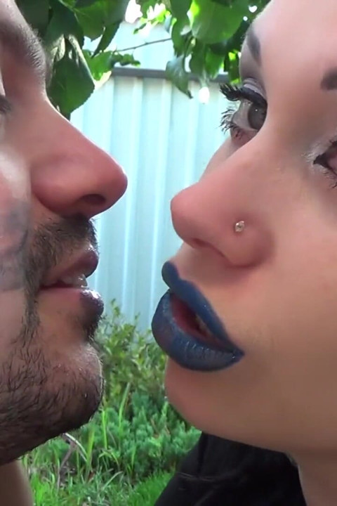Covering Alex with blue shiny lipstick kisses all over his face outdoor! + Little tongue play!