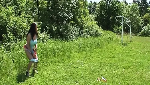 Old grandpa fucks cute teen with big tits outdoors