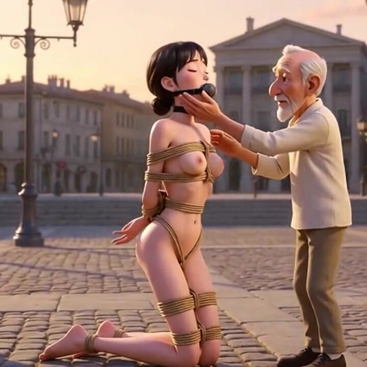 Public Rope Bondage - Old Man Caressing Desperate & Wet Woman