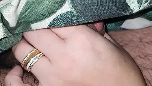 Step son get a handjob treat under blanket while watching porn