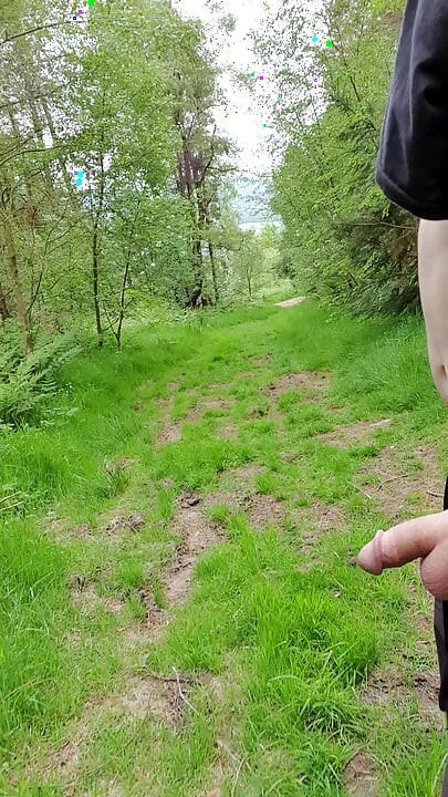 Je me balade dans la forêt avec ma bite et mes couilles lisses