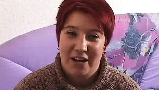 Chubby redhead slut toys her hairy cunt at the casting