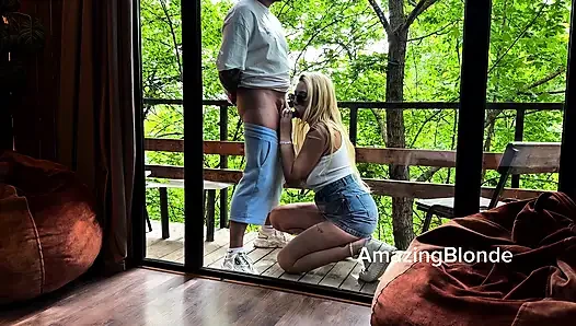 Luxury hotel, wild forest and juicy blowjob by the glass