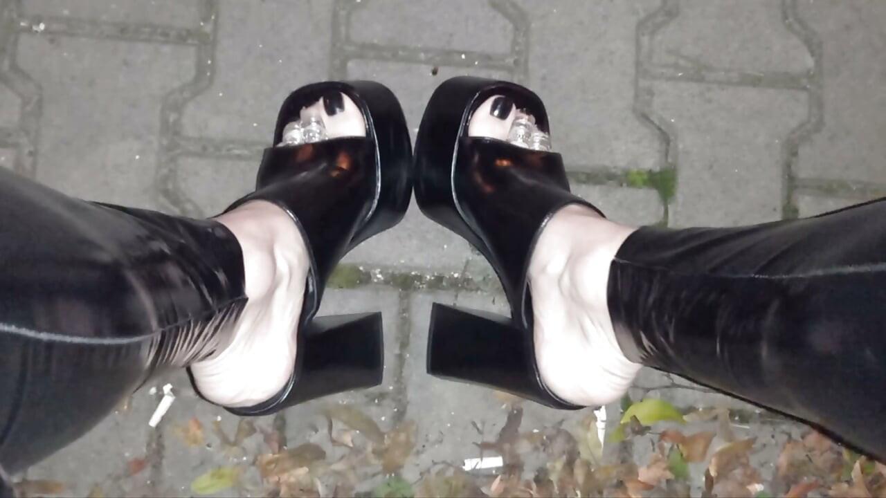 Alone at Night in Ultra-Tight Latex and Platform Mules Just to Make Men Stare and Drool