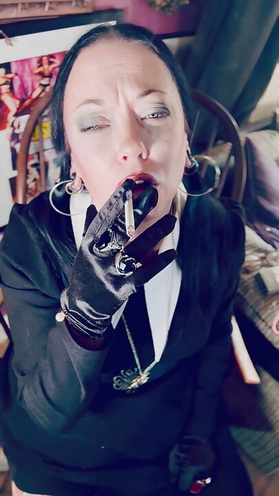 Wednesday Addams, Tina Snua,  Chain Smokes 2 Cigarettes In Satin Gloves - Smoking Smoker Drifts Snap Inhales OMI OME Tip To Tail