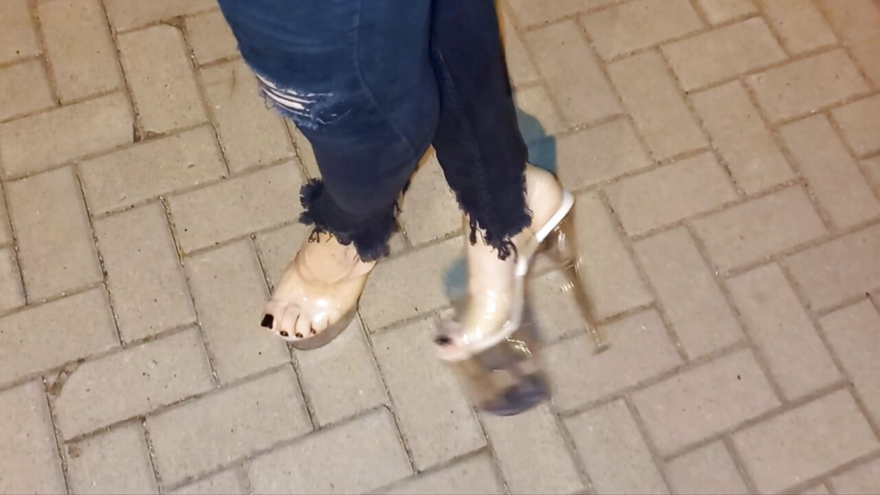 Sexy Feet & Legs in 20cm Sky-High Clear Stilettos - Ripped Jeans Tease
