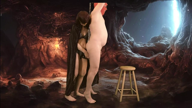 Held by an anal hook, he has to accept the big dildo