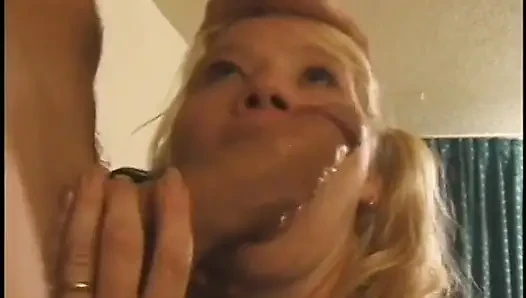Hard doggy style pounding fills up the pussy on this shaved cunt cock sucker