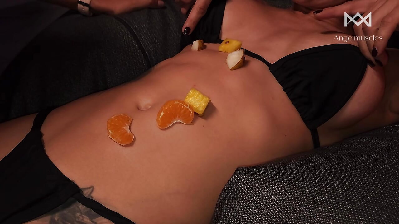My Roommate's Sweet Craving: Fruit Served Over My Abs.