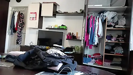 Amateur Woman Has Fun Trying on Clothes and Cutting Them.