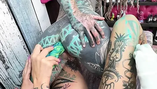 Naughty Tattoo Shop Session - Reverse Cowgirl Dildo Anal While Getting Inked