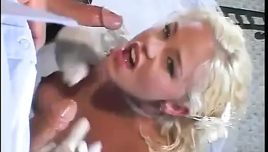 Blonde MILF fucks two guys on her wedding day