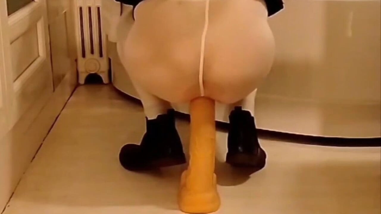 Dildo Riding in the Bathroom Wearing an Open White Pantyhose