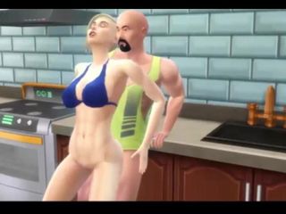 Sims 4, die vollbusige Stiefmutter, wird in der Küche vollgespritzt