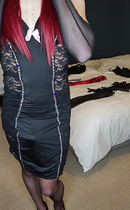 Indulging in my nylon fetish - under my dress I'm wearing crotchless nylon underwear, nylon French knickers, nylon gloves, fully