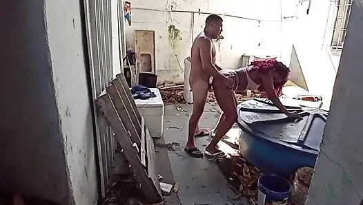 Putting it hot on the cleaning lady in the backyard