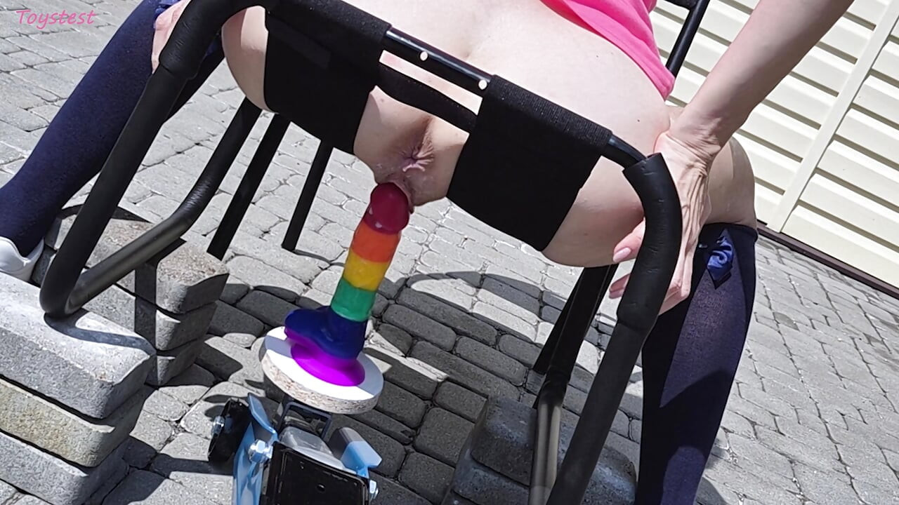 Insertion Fetishes. Car Jack Mounted Rainbow Huge Dildo Goes in Stepsister's Big Labia