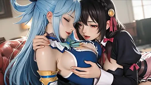 SFW Aqua и YunYun From Konosuba мягкое шоу, прикосновение и поцелуи лесбиянок