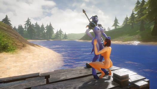 Futa Draenei folla el culo de una chica junto a un lago: parodia porno de Warcraft