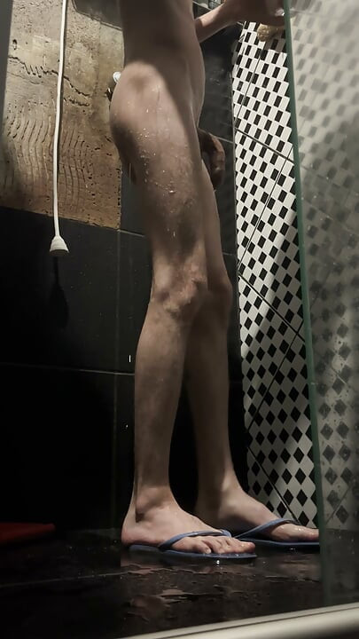 Skinny twink playing with his big dick and toy