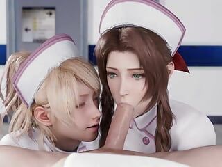 Luna, infirmière, et Aerith sucent une grosse bite