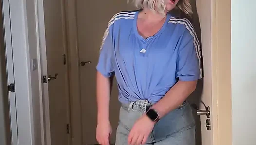 Bathroom Locked - Denim Shorts Wetting Outside the Door