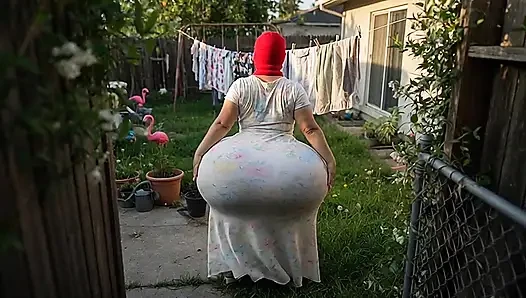 Nachbarin mit dickem arsch in schulmädchen-uniform im garten