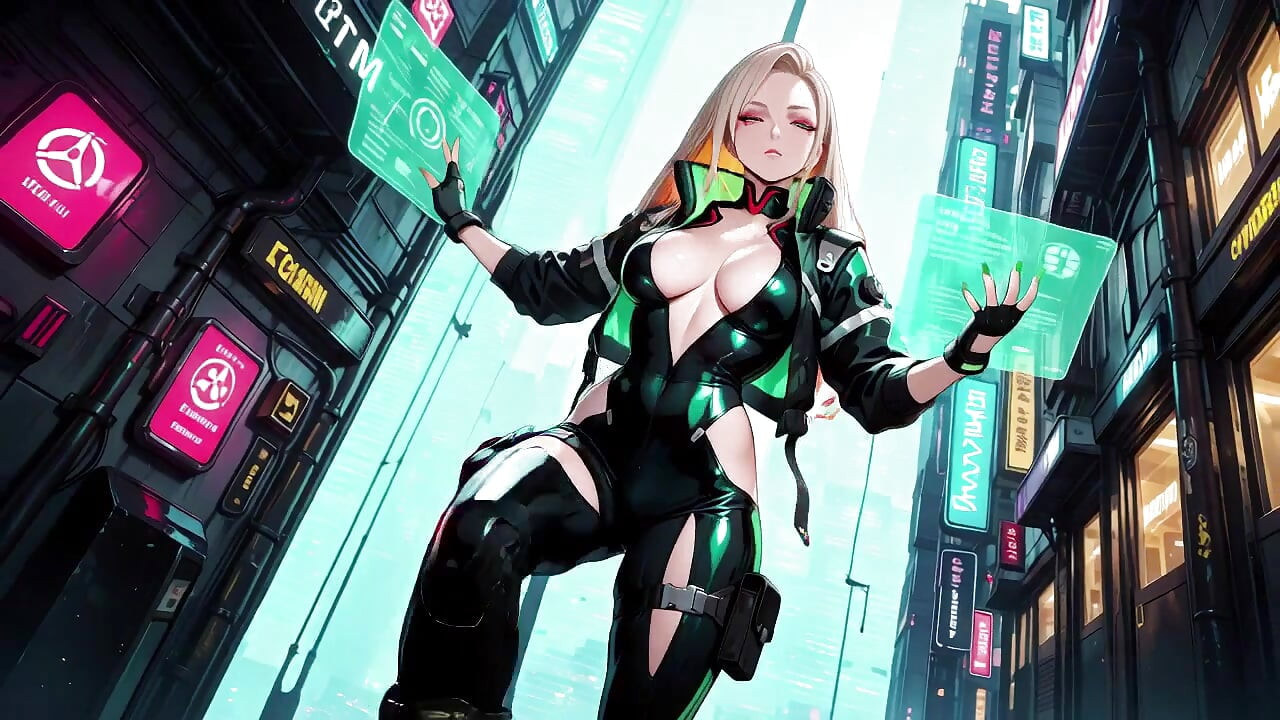 Neon Rain Night! Blonde Agent in Wet Leather Crouching Low, Holographic Glow & Cold Glances.