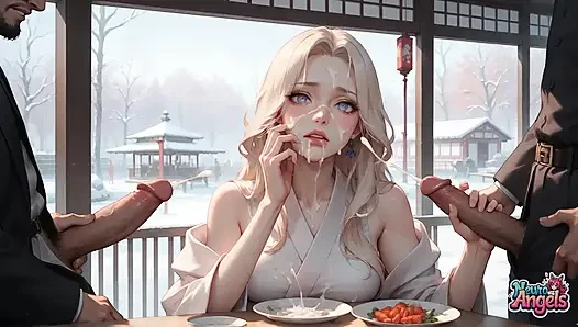 Sexy, schmutzige Verführung in einem schneeigen Café mit Kimono-Cream Drip - geiler hardcore-porno!